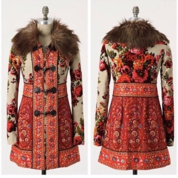 Anthropologie Karelia Coat Elevenses Jacket Red Floral Zip Fur Collar Size 6 - Picture 2 of 15